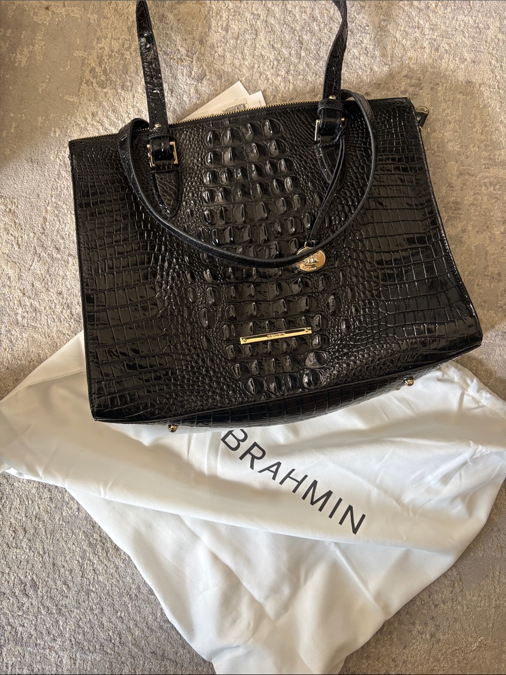 Brahmin Black Croc-Embossed Leather Satchel with Gold Hardware